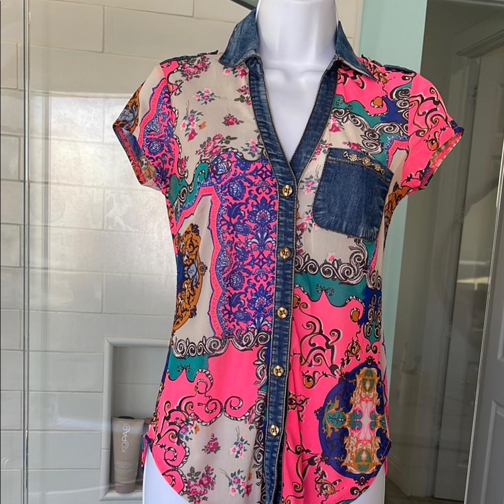 Pink and Blue Denim Cap Sleeve Button Down Shirt with Notched Collar